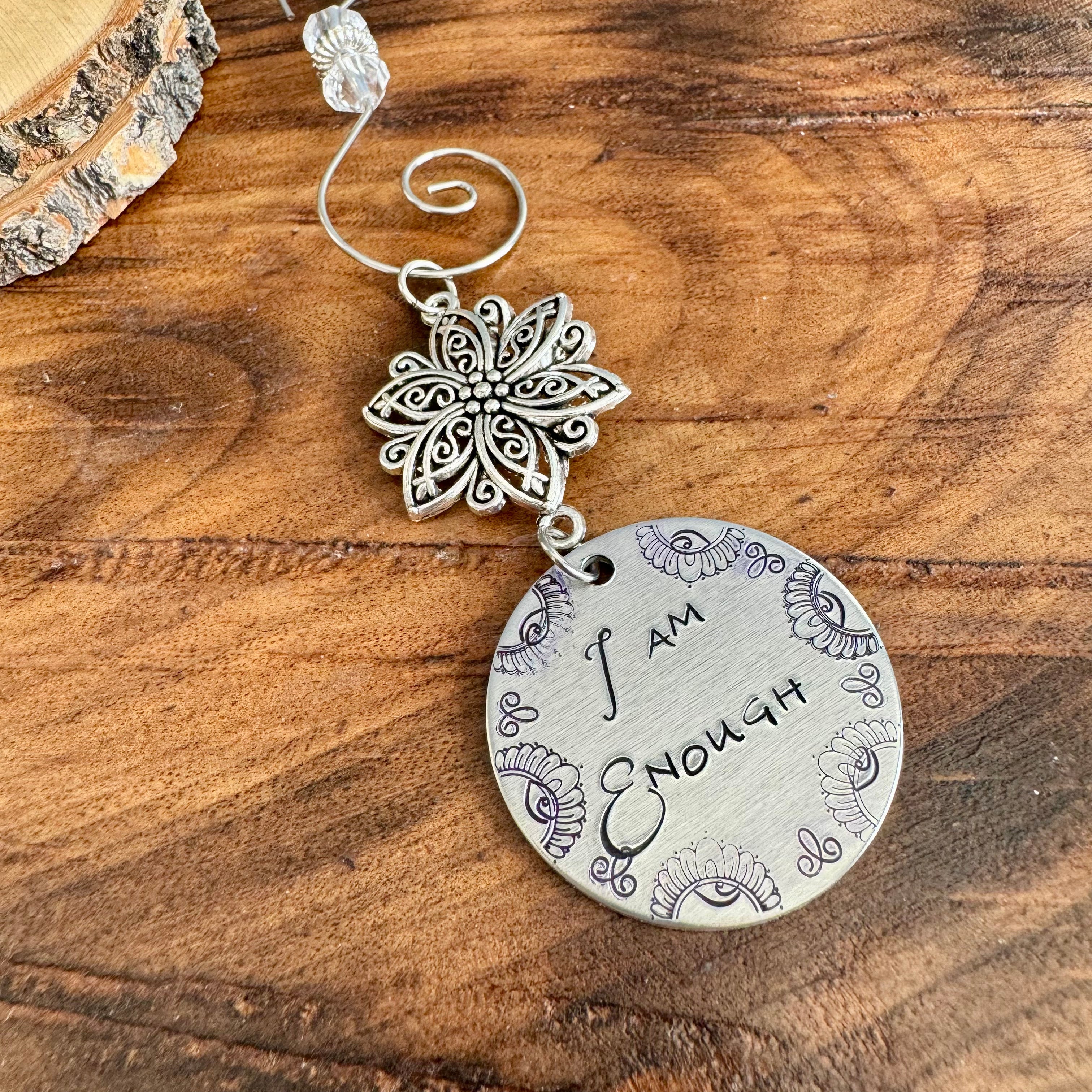 &quot;I AM&quot; MANDALA MANTRA ORNAMENT WITH FLOWER CHARM - PERSONALIZED